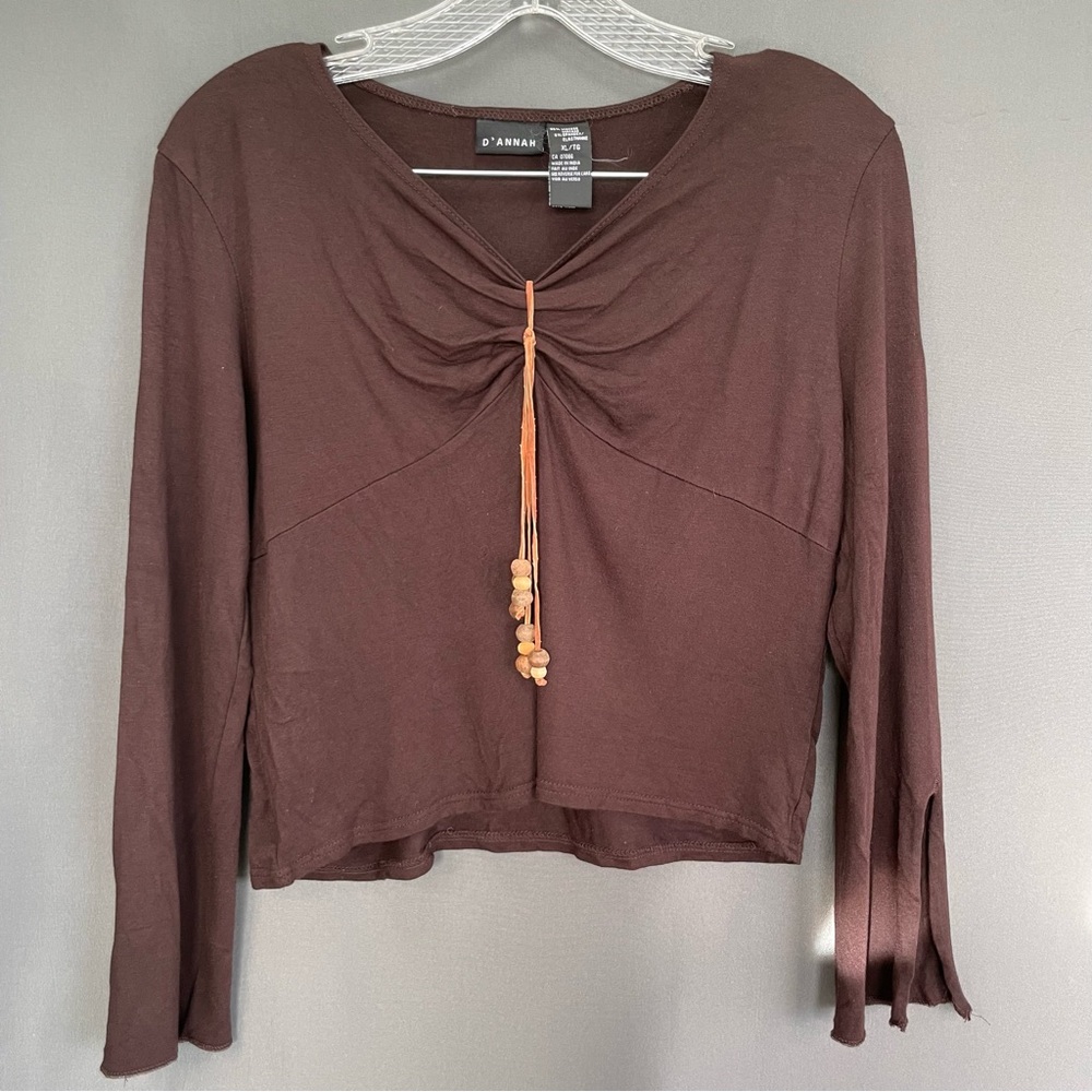 D’ANNAH slit sleeve rutched tasselled brown long sleeve boho hippie shirt